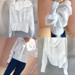 🆕Cropped Silk Smocked Blouse with Hood